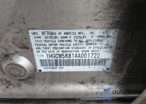 2004 Honda Accord 2.4 Ex из США, поврежденный, VIN 1HGCM56814A001722